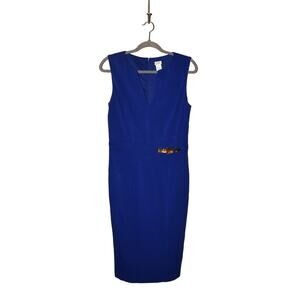 CACHE $188 Sleeveless‎ V-Neck Midi Pencil Dress Buckle Accent Blue Size 10
